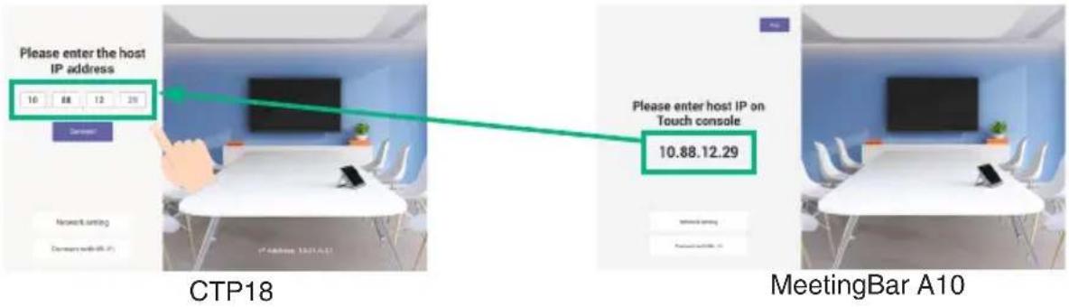 Please enter the host IP address 10 68 12 29 Network setting Details with (A-1) CTP18 Please enter host IP on Touch console 10.88.12.29 MeetingBar A10