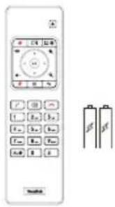 Image of a remote control with labeled buttons and battery diagrams for batteries