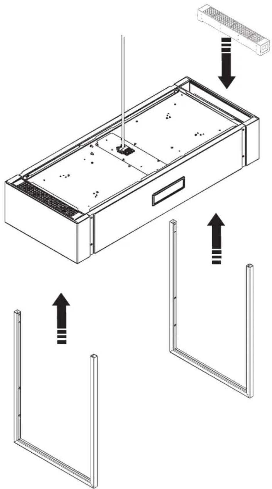 Technical diagram showing a device with internal components and directional arrows indicating assembly or movement.