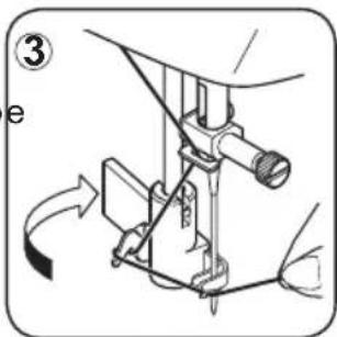 Diagram showing a sewing machine needle insertion mechanism with labeled parts and directional arrow