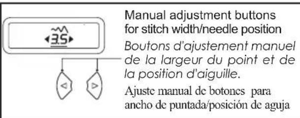 Manual adjustment buttons for stitch width/needle position Boutons d'ajustement manuel de la largeur du point et de la position d'aiguille. Ajuste manual de botones para ancho de puntada/posición de aguja