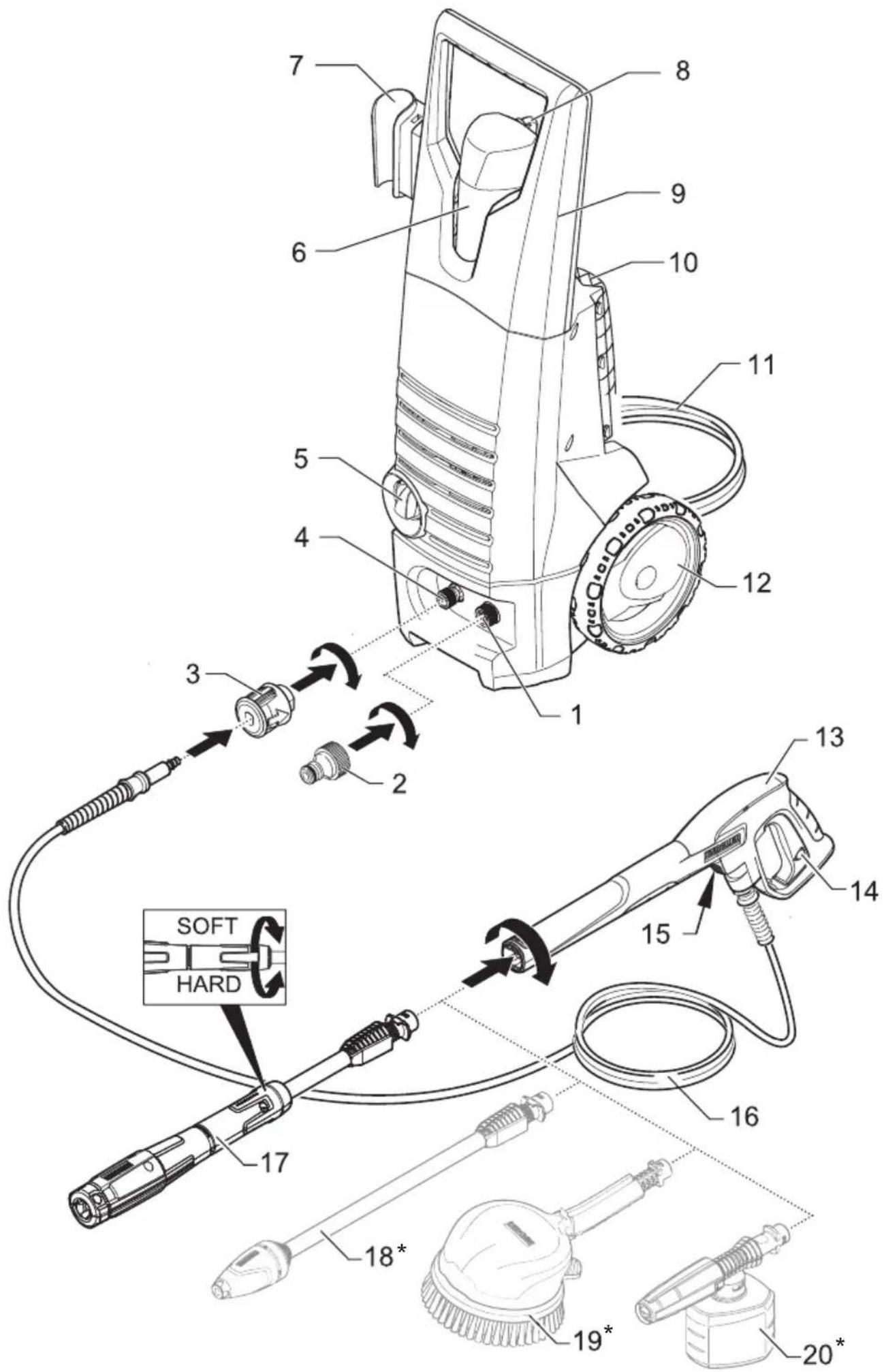 Technical diagram of a hair dryer with numbered parts and labeled features like soft/hard, 18th, 19th, and 20th parts.