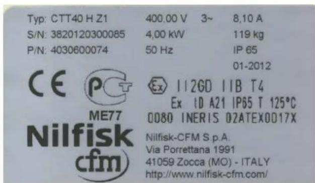 Typ: CTT40 H Z1 400.00 V 3~ 8,10 A S/N: 3820120300085 4,00 KW 119 kg P/N: 4030600074 50 Hz IP 65 CE PCT ME77 Nilfisk CFM S.p.A. Via Porrettana 1991 41059 Zocca (MO) - ITALY http://www.nilfisk-cfm.com/
