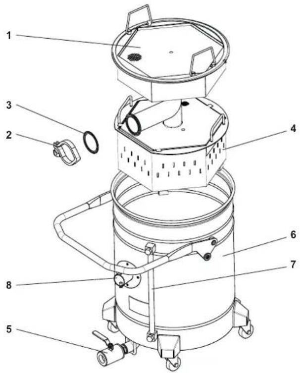 Technical diagram of a cylindrical industrial machine with numbered components for identification