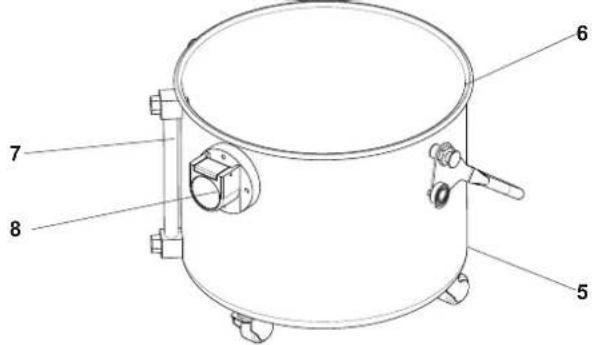 Technical diagram of a cylindrical industrial vessel with numbered components labeled 5 through 8.