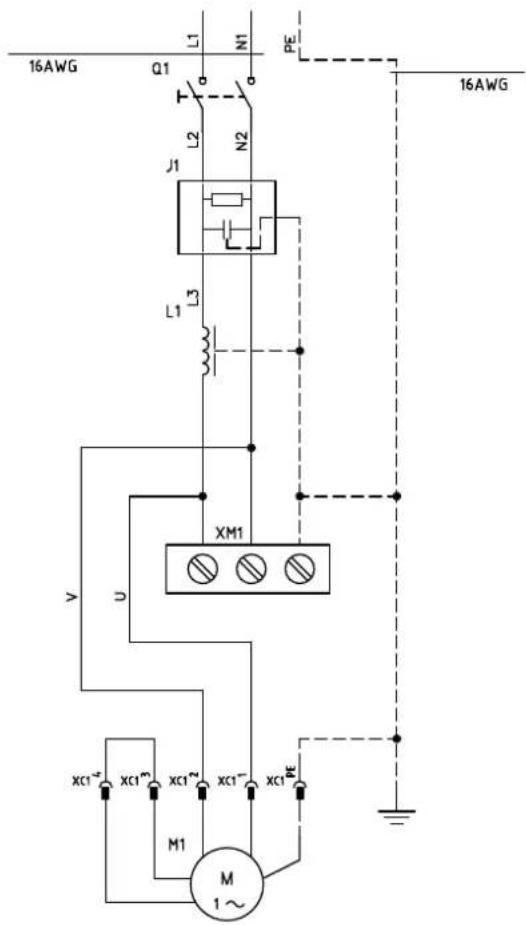 16AWG Q1 L1 N1 PE 16AWG L2 N2 J1 L3 L1 XM1 V U XC1+ XC1- XC1- XC1- M1 M 1~