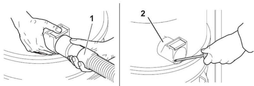Technical diagram showing two-step installation of a cable or wire component, labeled with parts 1 and 2.