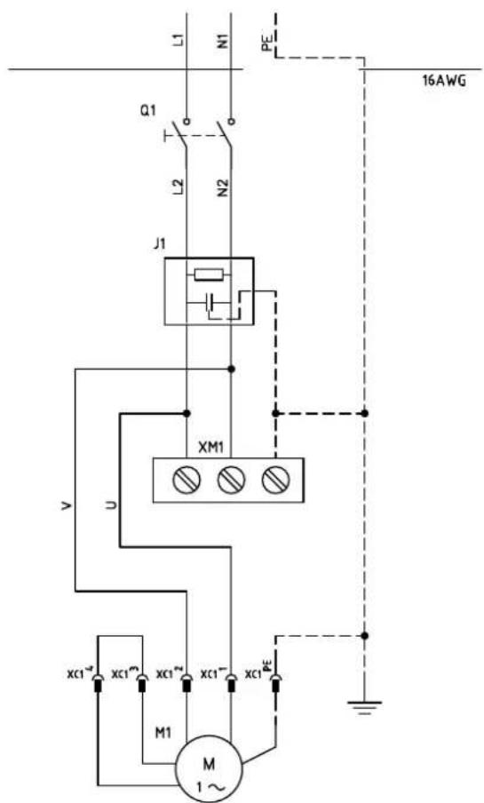 L1 N1 PE Q1 L2 N2 J1 XM1 V D XC1~ XC1" XC1" XC1" M1 M 1~ 16AWG