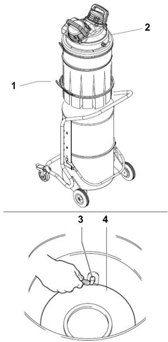 Technical diagram of a vacuum cleaner with labeled parts and a close-up showing hand operating the wheel.