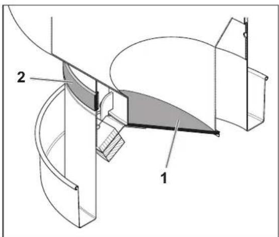 Technical diagram showing two labeled components (1 and 2) of a mechanical or architectural assembly with curved surfaces and structural elements.