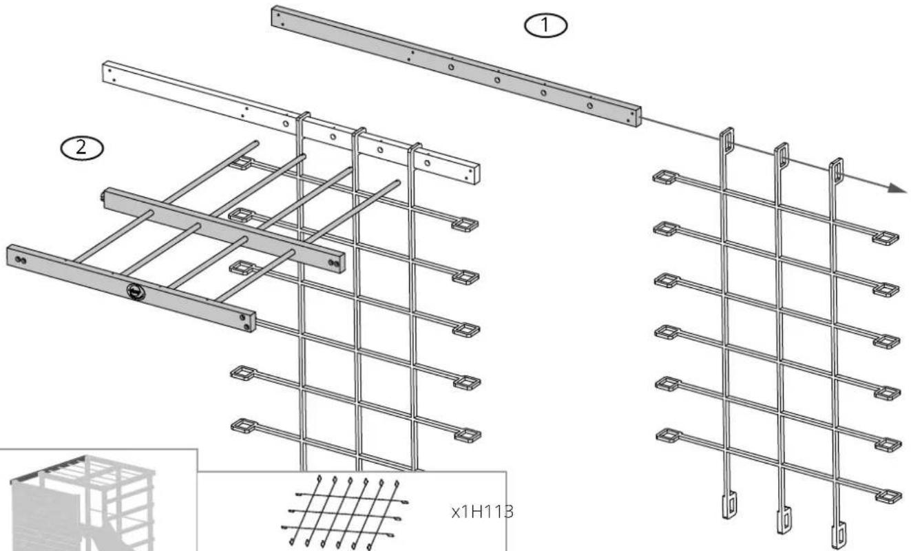 Technical diagram showing structural steel framework assembly with labeled components and a magnified inset of grid connection