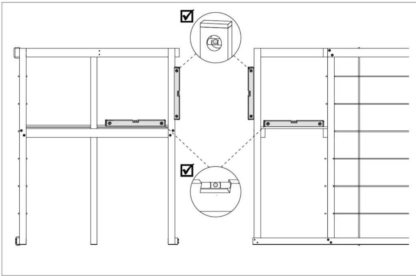 Technical diagram showing structural layout of a cabinet or enclosure with labeled components and inspection indicators.