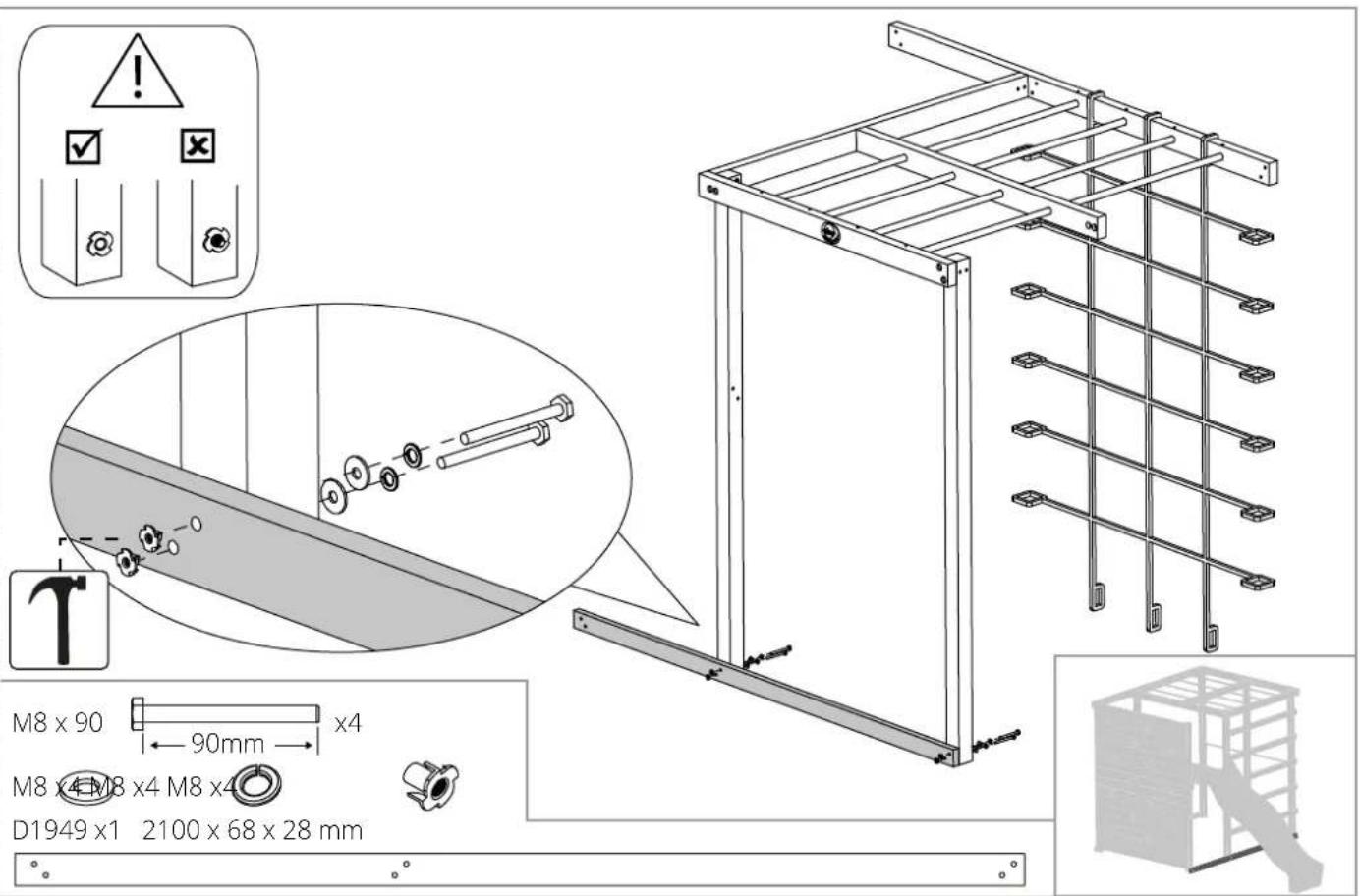 M8 x 90 90mm x4 M8 x4 M8 x4 M8 x4 D1949 x1 2100 x 68 x 28 mm