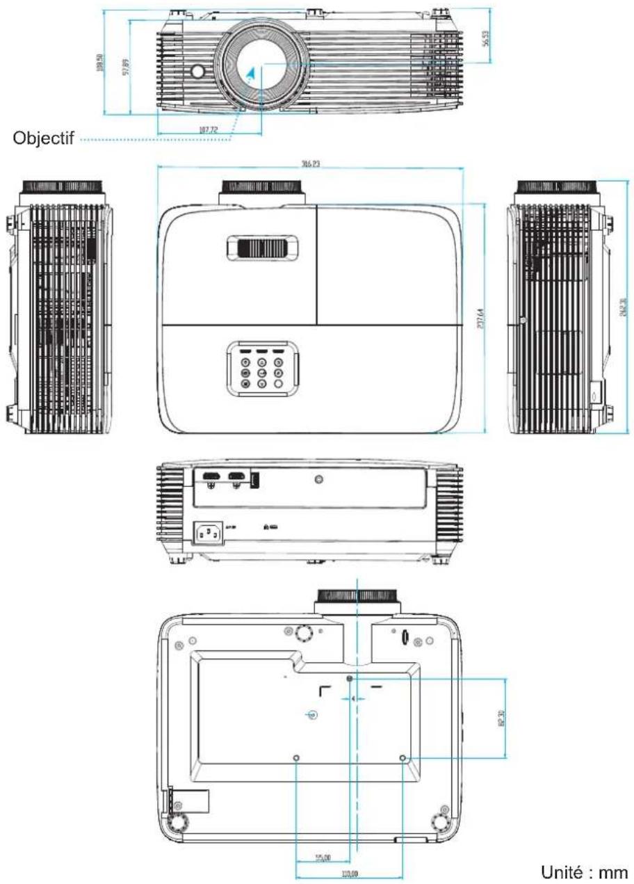 OPTOMA EH401 - Dimensions du projecteur et installation au plafond - 1