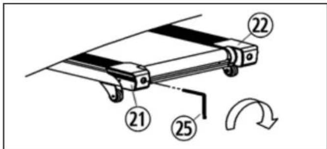 Diagram of a mechanical device with numbered components and directional arrow indicating rotation or movement
