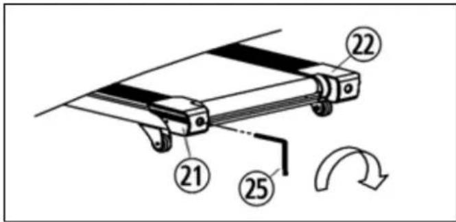 Diagram of a mechanical device with numbered components and directional arrow indicating rotation or movement