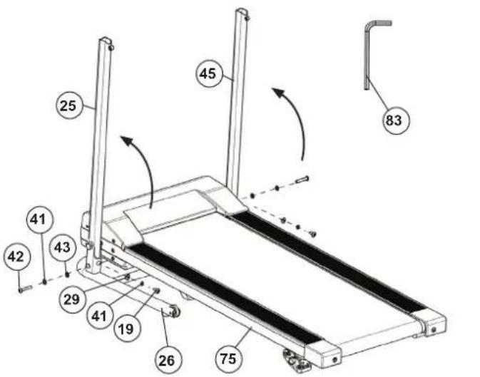 Technical diagram of a treadmill with numbered parts and directional arrows indicating motion or assembly.