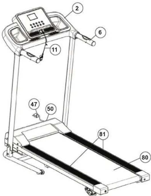 Technical diagram of a treadmill with numbered parts for identification