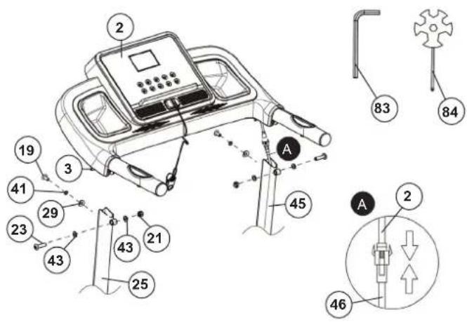 Technical diagram of a treadmill with numbered components and labeled parts, including a valve mechanism and directional arrows.