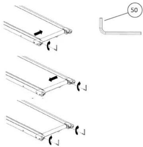 Technical diagram showing three sequential steps of a mechanical bracket assembly with rotation arrows and a circular annotation labeled '50'