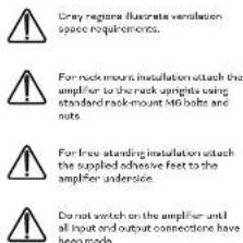 Gray regions illustrate ventilation space requirements. For rack mount installation attach the amplifier to the rack uprights using standard rack-mount M60 bolts and nuts. For free standing installation attach the supplied adhesive feet to the amplifier underside. Do not switch on the amplifier until all input and output connections have been made.
