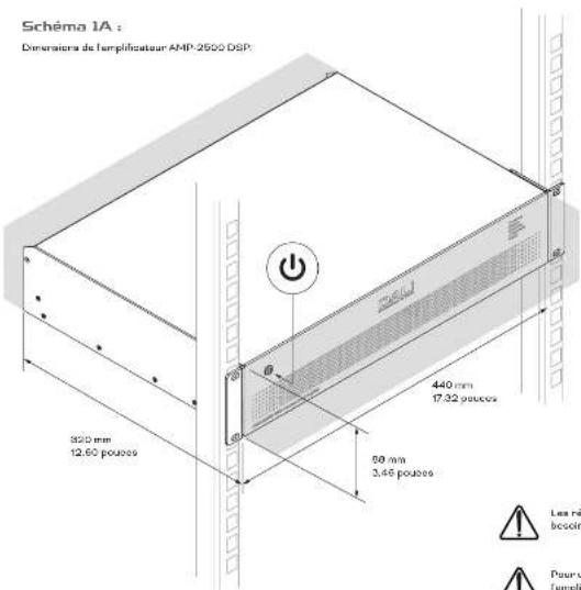 Schéma 1A : Démérations de l'emplificateur AMP-2500 DSP 300 mm 12,50 pouces 440 mm 17,32 pouces 50 mm 3,46 pouces Les réb boccin Pour ou l'emplit