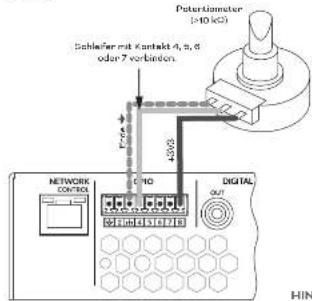 Potentiometer (>10 kΩ) Schleffer mit Kontakt 4, 5, 6 oder 7 vorbinden. Network CONTROL DIGITAL OUT HIN