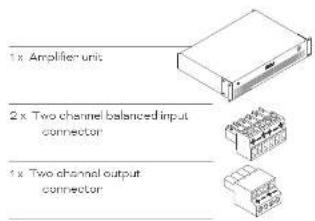 1x Amplifier unit 2x Two channel balanced input connector 1x Two channel output connector