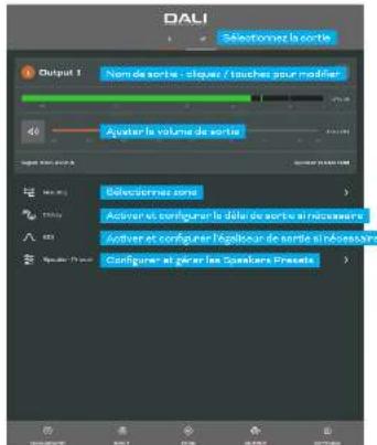 DALI Sélectioner la sorte Output 1 Nom de sorte - stique / touches pour modifier Ajuster la volume de sorte Selectivees sont Activer et configurer le déte de sorte à nécessaire Activer et configurer logébecur de sorte à nécessaire Configurer et créer les Speakers Presets