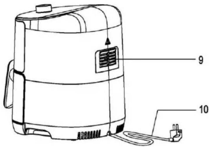 Technical diagram of a portable air purifier with labeled parts 9 and 10, showing internal components and wiring.