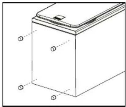 Technical line drawing of a battery casing with mounting holes and dashed lines indicating hidden edges (no text or symbols)