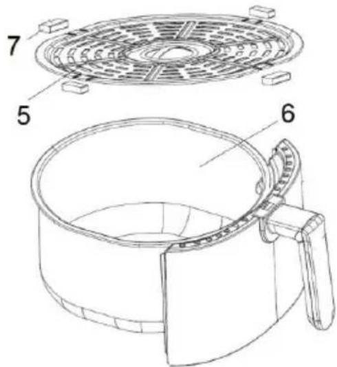 Technical diagram of a cooking fan with labeled parts 5, 6, and 7