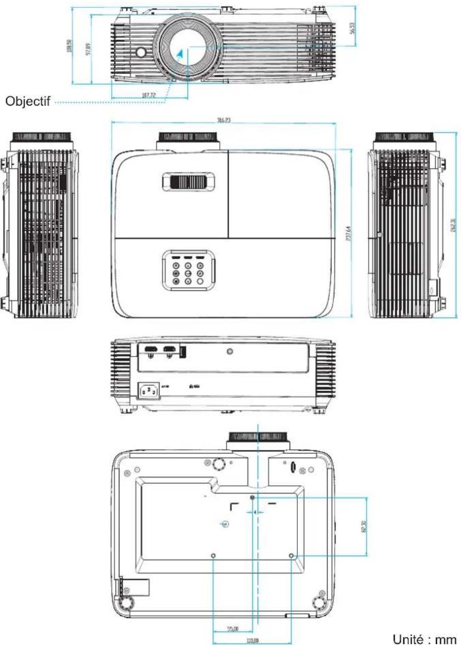 OPTOMA EH339 - Dimensions du projecteur et installation au plafond - 1