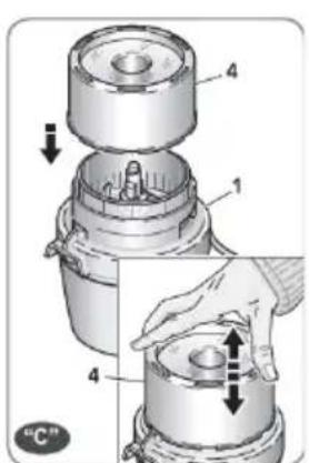 Technical diagram showing a mechanical assembly with numbered components and directional arrows indicating motion or force.