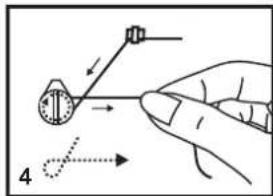 Diagram showing a hand holding a pen-like object with an arrow indicating direction, labeled with number 4 and a dotted arrow.
