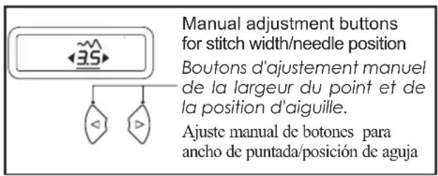 Manual adjustment buttons for stitch width/needle position Boutons d'ajustement manuel de la largeur du point et de la position d'aiguille. Ajuste manual de botones para ancho de puntada/posición de aguja