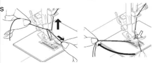 Technical diagram showing two-step sewing process with labeled parts and directional arrows indicating movement