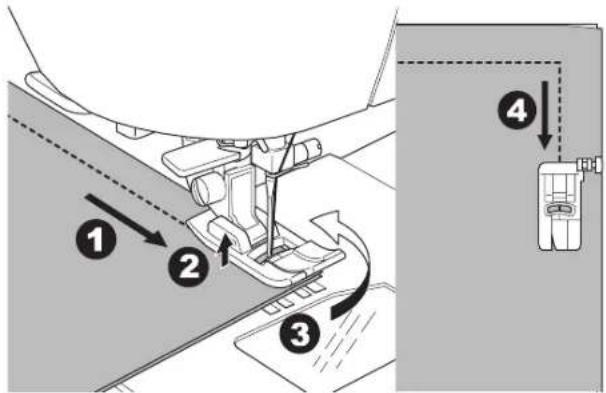 Technical diagram showing sewing process steps with numbered instructions for each step
