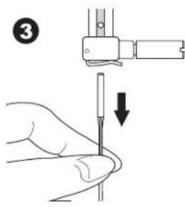 Diagram showing a hand holding a needle with a force gauge and a downward arrow indicating force application or insertion.