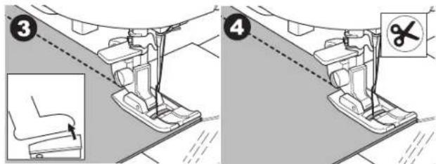 Technical diagram illustrating foot positioning and cutting process with numbered steps and magnified detail view