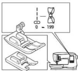 Technical diagram showing sewing machine components with measurement annotations and a schematic symbol