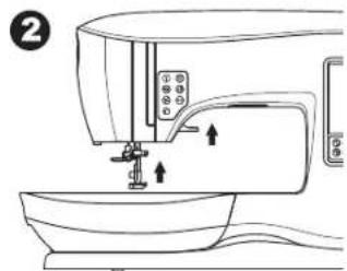 Technical diagram of a sewing machine with labeled parts and directional arrows indicating assembly or operation.