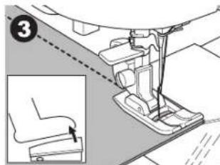 Technical diagram showing a sewing machine with a foot highlighted, including a numbered step and an inset view of the seat assembly.