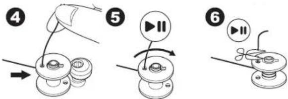 Diagram illustrating three-step playback sequence: press, flip-flop, and cord motion with numbered steps 4, 5, and 6.