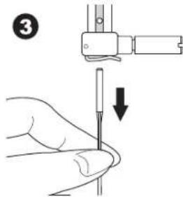 Diagram showing a hand holding a needle with a magnified view of the needle being inserted, labeled with number 3 and an arrow indicating direction.