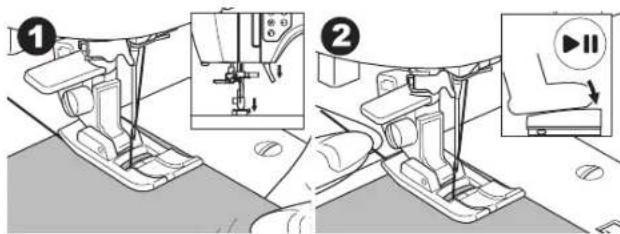 Technical diagram showing sewing process steps with numbered instructions and labeled parts