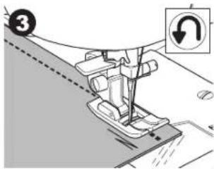 Technical diagram showing sewing machine operation with numbered callout and directional arrow indicator