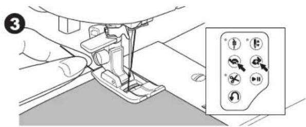 Diagram showing hands using a sewing machine to adjust a component, with an inset of a 3D button labeled with icons for sewing and other buttons.