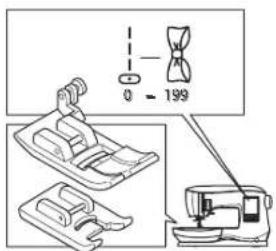 Technical diagram showing sewing machine components with labeled dimensions and a schematic symbol