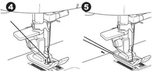 Technical diagram showing two sewing machine steps with numbered callouts (4 and 5) indicating different positioning or assembly states.